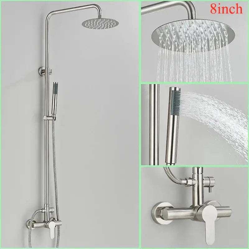 Modern brushed nickel rainfall shower system with handheld bathroom spray