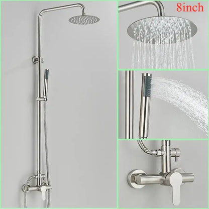 Modern brushed nickel rainfall shower system with handheld bathroom spray