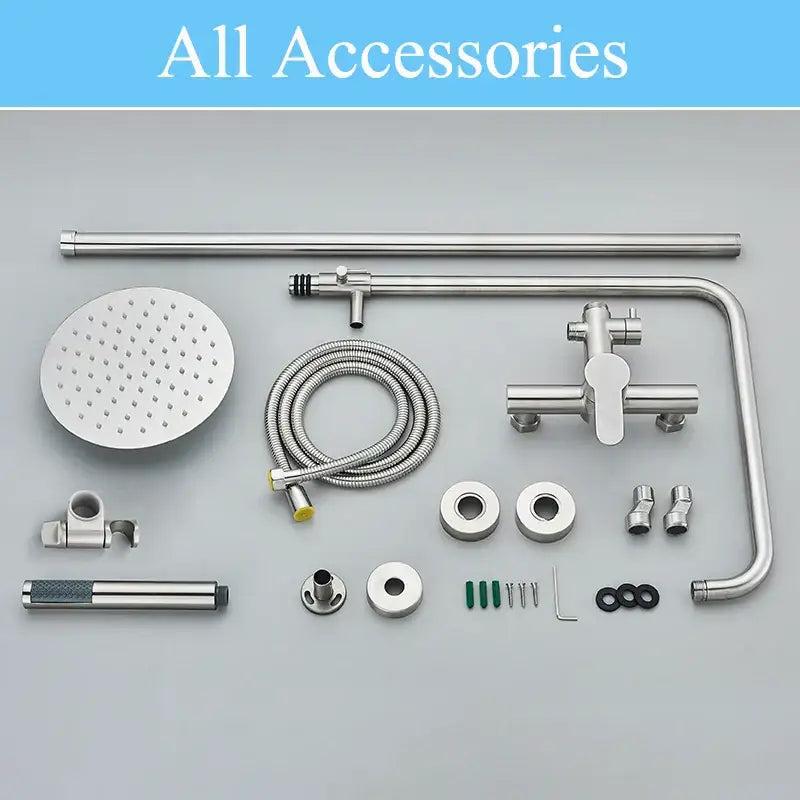 Modern brushed nickel rainfall shower system with handheld bathroom spray