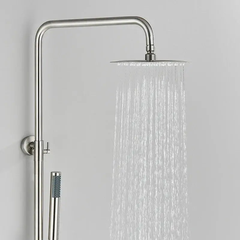 Modern brushed nickel rainfall shower system with handheld bathroom spray