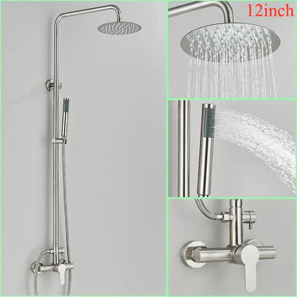 Modern brushed nickel rainfall shower system with handheld bathroom spray