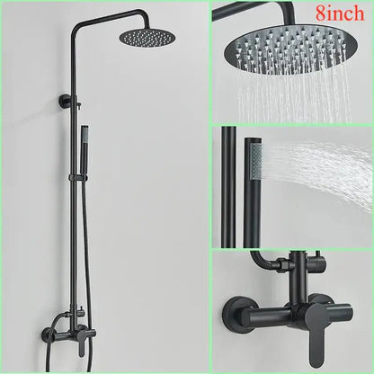 Modern brushed nickel rainfall shower system with handheld bathroom spray