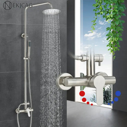 Modern brushed nickel rainfall shower system with handheld bathroom spray