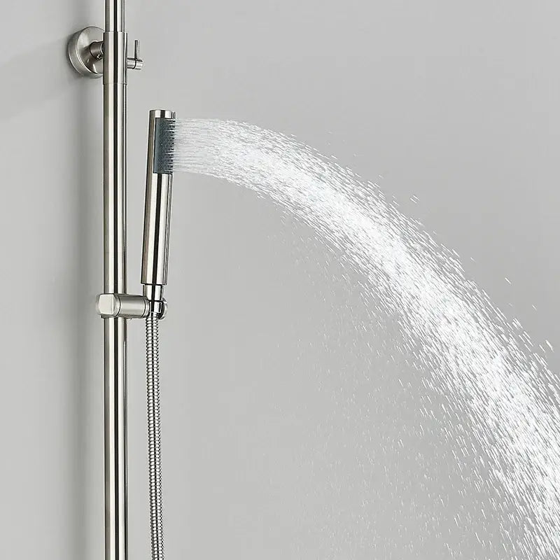 Modern brushed nickel rainfall shower system with handheld bathroom spray