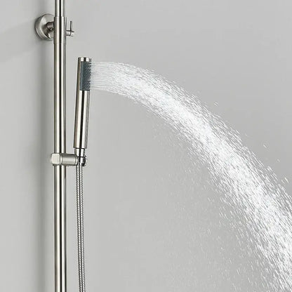 Modern brushed nickel rainfall shower system with handheld bathroom spray