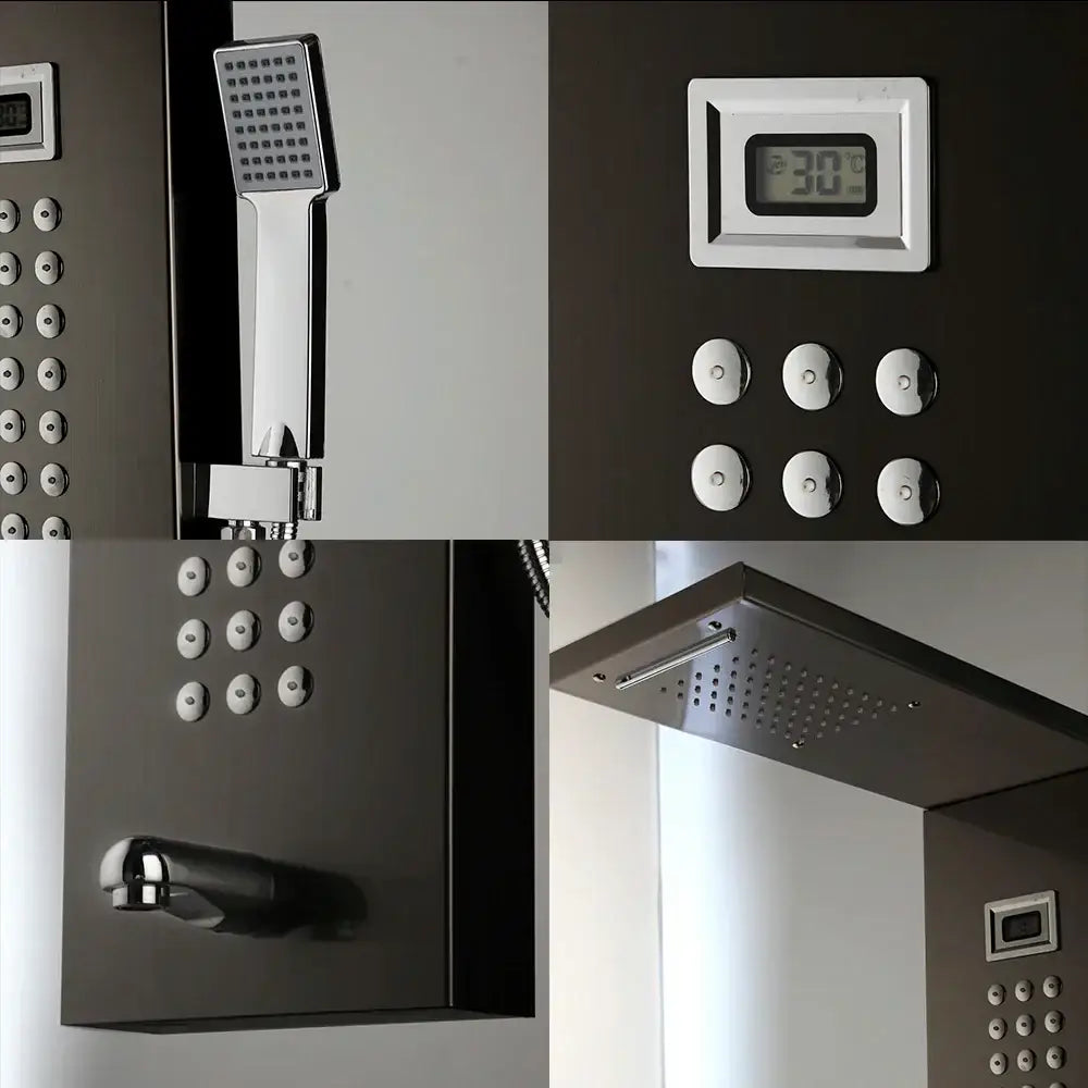 Modern brushed nickel shower column with tub spout bathroom system