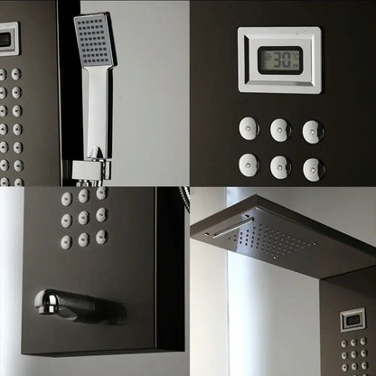 Modern brushed nickel shower column with tub spout bathroom system