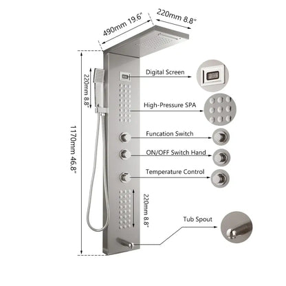 Modern brushed nickel shower column with tub spout bathroom system