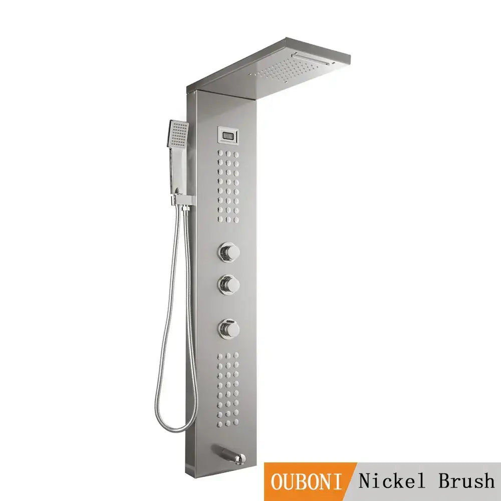 Modern brushed nickel shower column with tub spout for bathroom