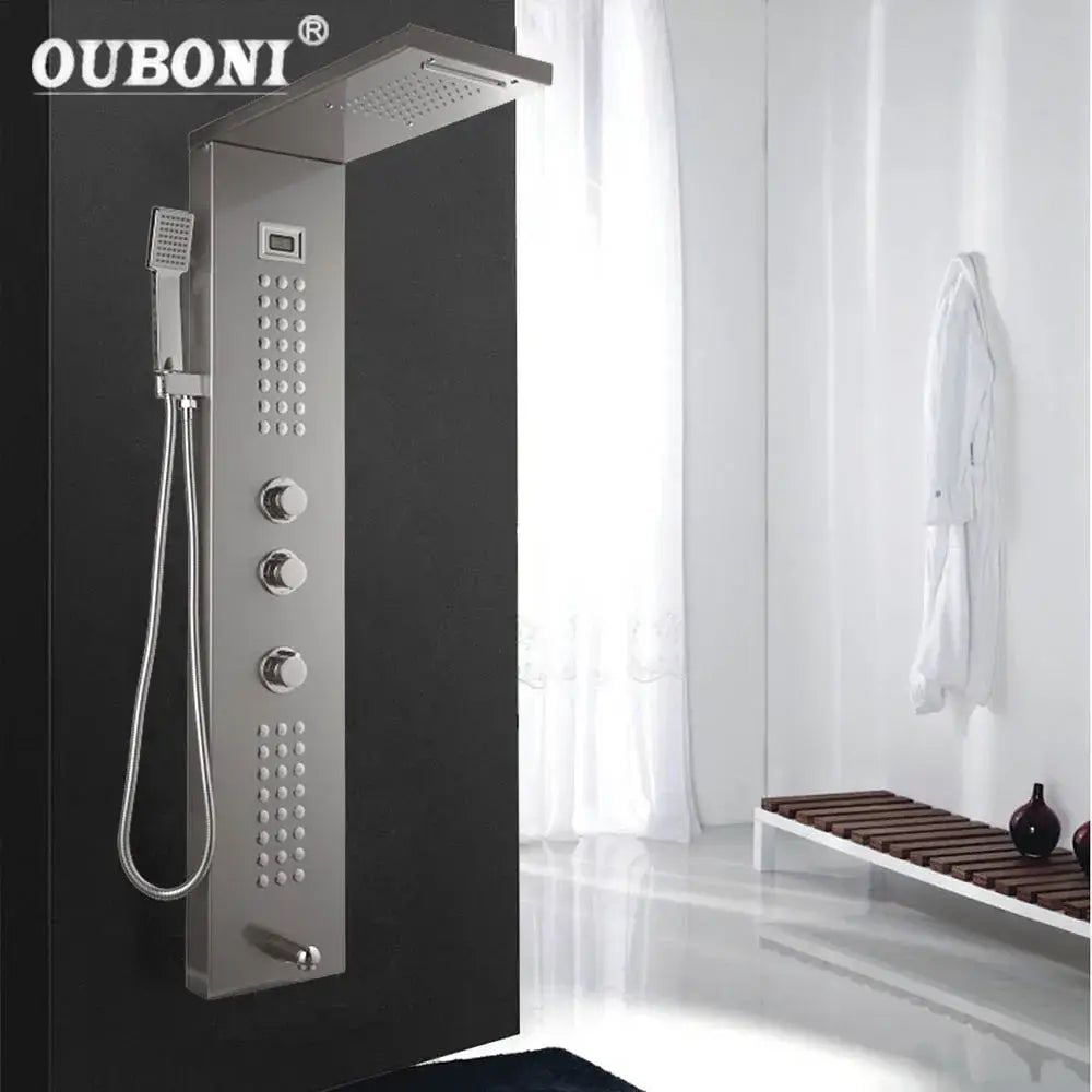 Modern brushed nickel shower column with tub spout for bathroom