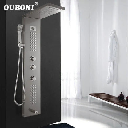 Modern brushed nickel shower column with tub spout for bathroom