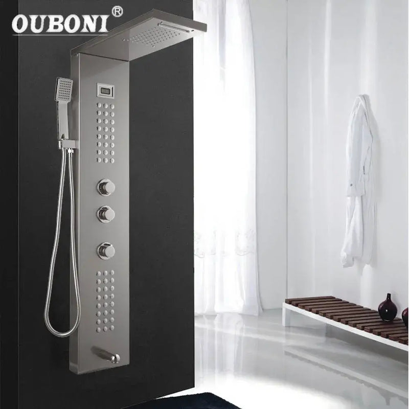 Modern brushed nickel shower column with tub spout for bathroom
