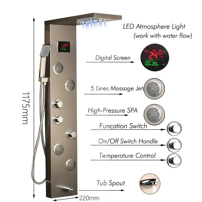 Modern brushed nickel shower panel with led display for bathroom