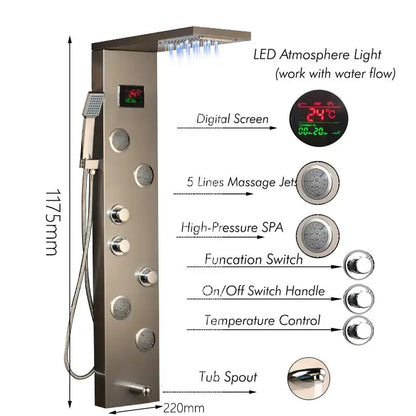 Modern brushed nickel shower panel with led display for bathroom