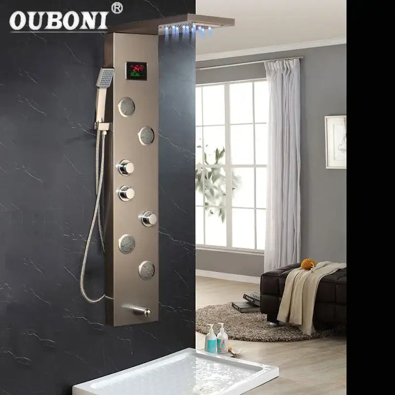Modern brushed nickel shower panel with led display for bathroom