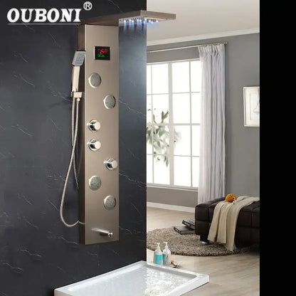 Modern brushed nickel shower panel with led display for bathroom