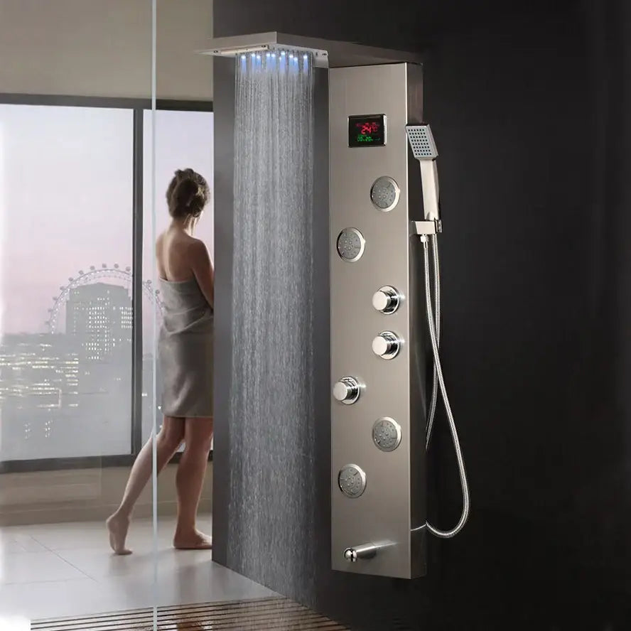 Modern brushed nickel shower panel with led display for bathroom