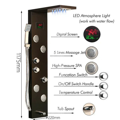 Modern brushed nickel shower panel with led display for bathroom