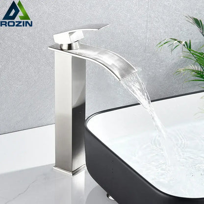Modern brushed nickel single lever waterfall basin faucet bathroom