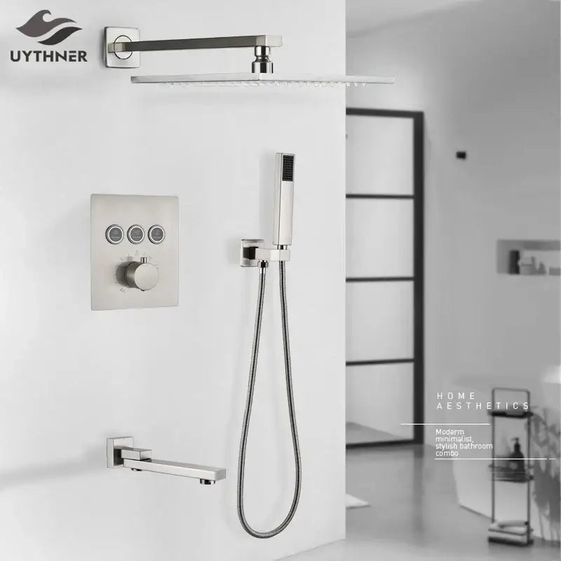 Modern brushed nickel thermostatic shower faucet set bathroom rainfall