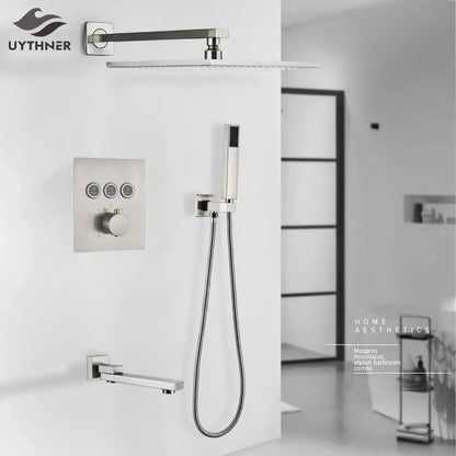 Modern brushed nickel thermostatic shower faucet set bathroom rainfall