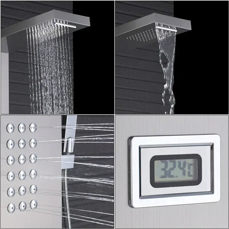 Modern brushed nickel waterfall rain shower panel bathroom spa jet