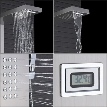 Modern brushed nickel waterfall rain shower panel bathroom spa jet