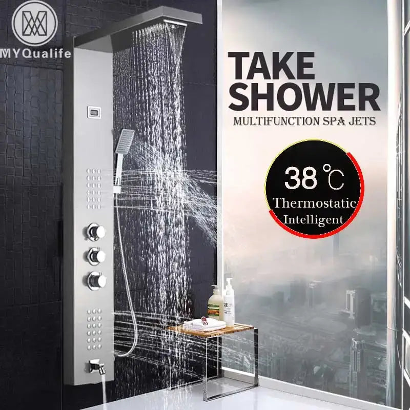 Modern brushed nickel waterfall rain shower panel bathroom spa jet