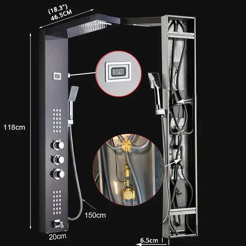 Modern brushed nickel waterfall rain shower panel bathroom spa jet
