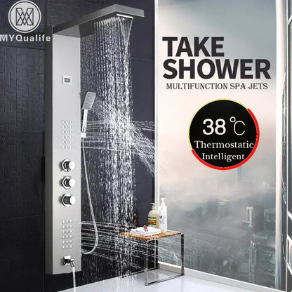 Modern brushed nickel waterfall rain shower panel bathroom spa jet