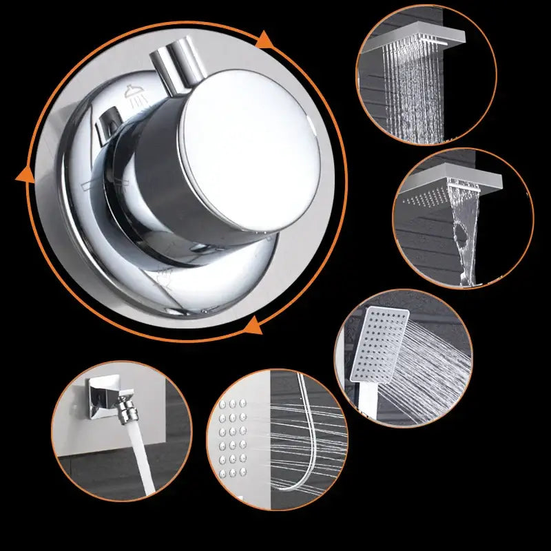 Modern brushed nickel waterfall rain shower panel bathroom spa jet