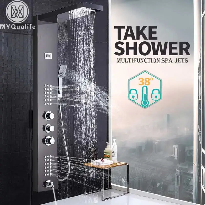 Modern brushed nickel waterfall rain shower panel bathroom spa jet
