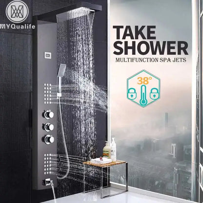 Modern brushed nickel waterfall rain shower panel bathroom spa jet