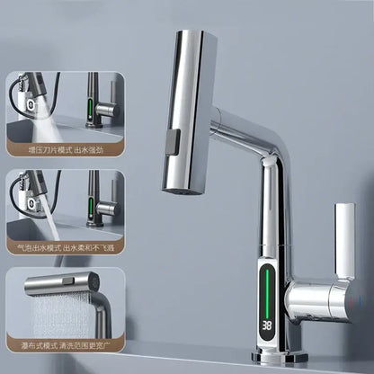 Modern brushed stainless digital display waterfall basin faucet bathroom