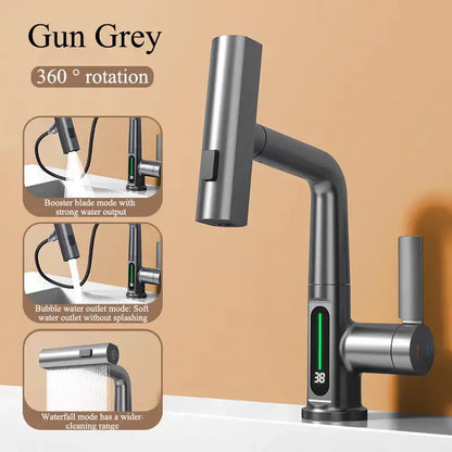 Modern brushed stainless steel digital display waterfall basin faucet