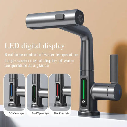 Modern brushed stainless steel digital display waterfall basin faucet