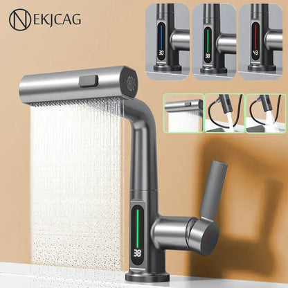 Modern brushed stainless steel digital display waterfall basin faucet