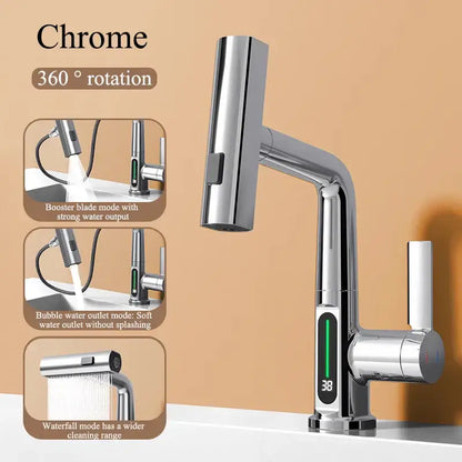 Modern brushed stainless steel digital display waterfall basin faucet