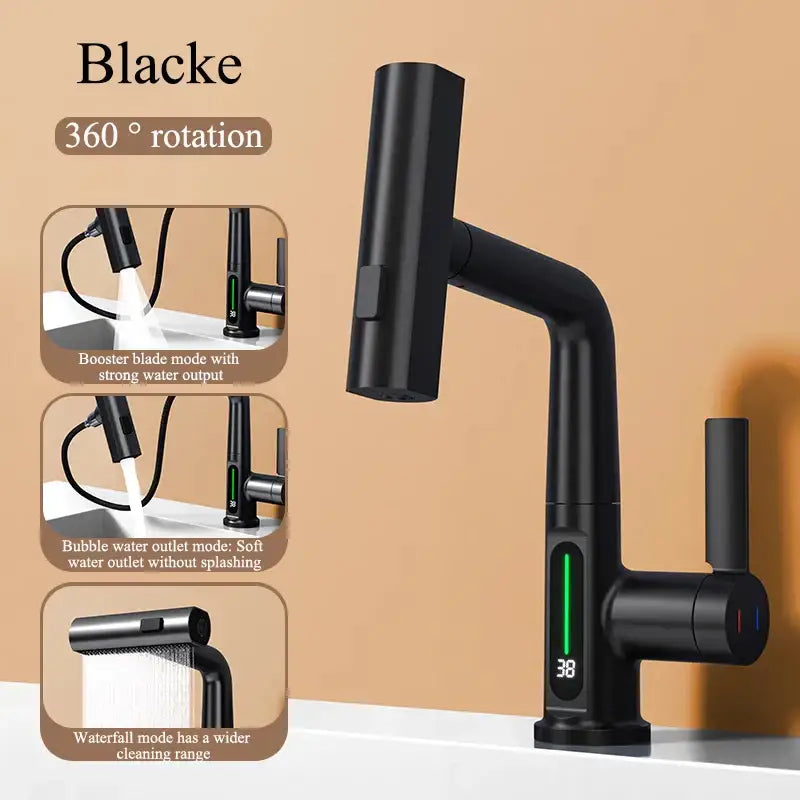 Modern brushed stainless steel digital display waterfall basin faucet