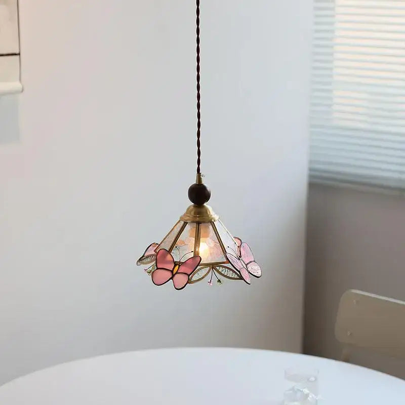 Modern butterfly pink led pendant lamp bedroom stained glass decor