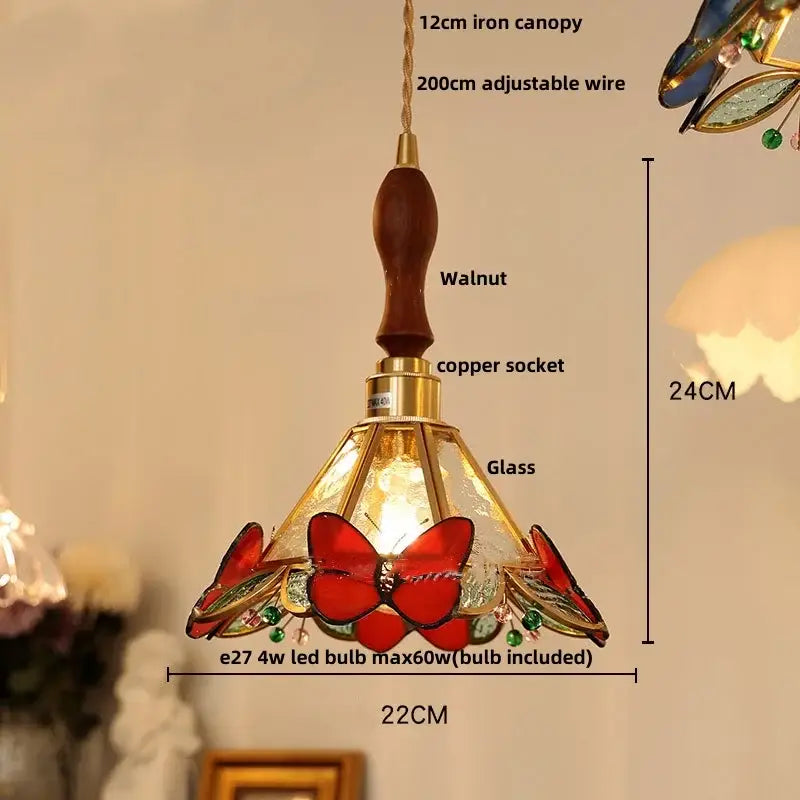 Modern butterfly pink led pendant lamp bedroom stained glass decor