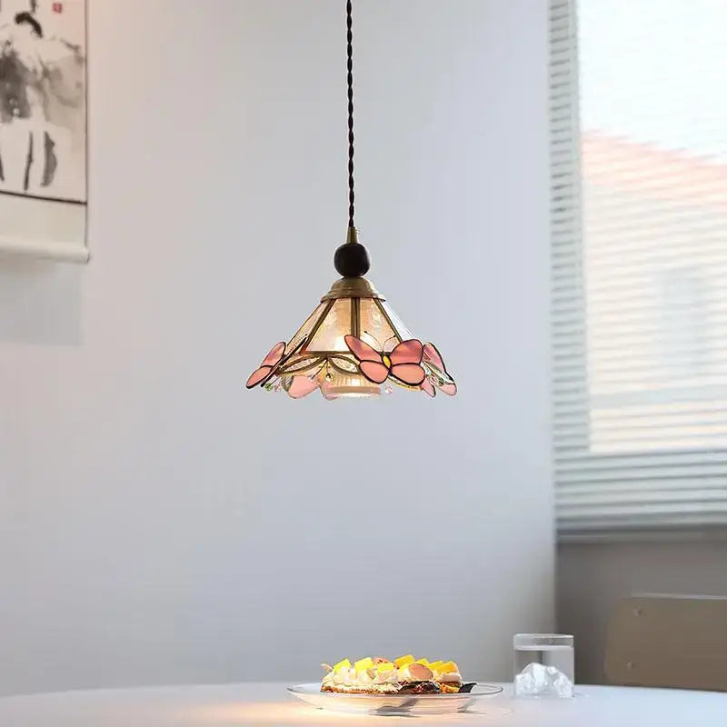 Modern butterfly pink led pendant lamp bedroom stained glass decor