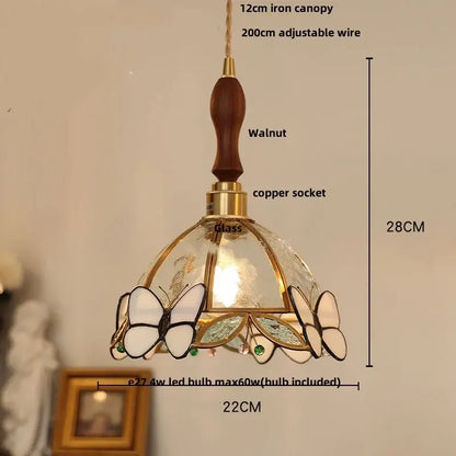 Modern butterfly pink led pendant lamp bedroom stained glass decor