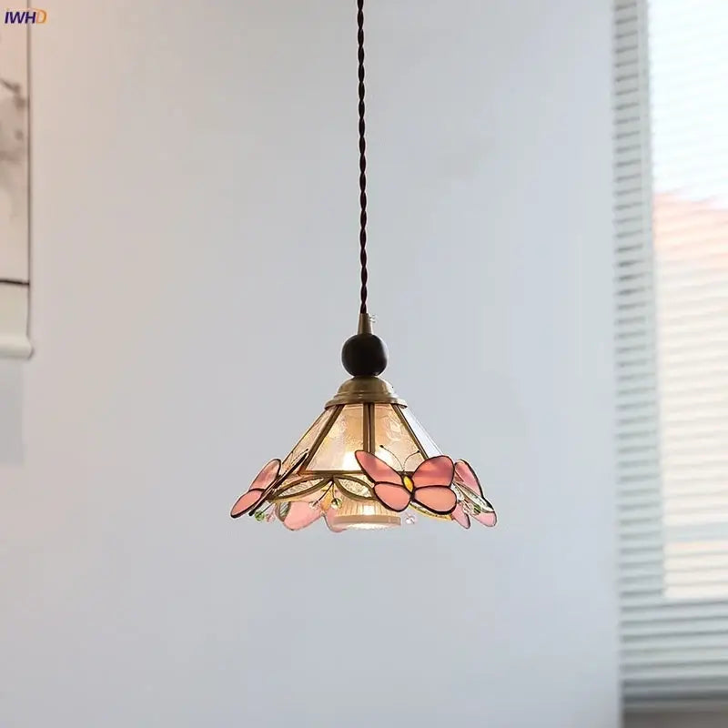 Modern butterfly pink led pendant lamp bedroom stained glass decor