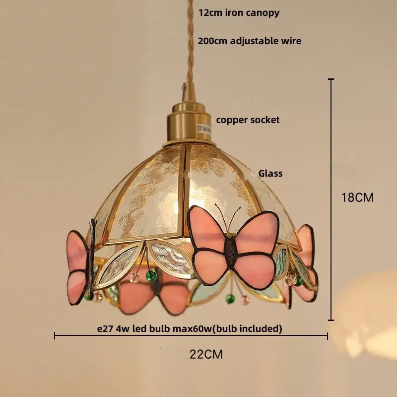 Modern butterfly pink led pendant lamp bedroom stained glass decor