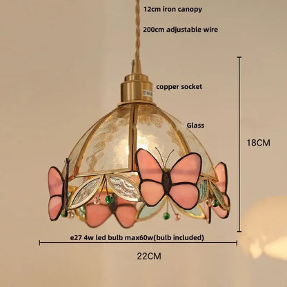 Modern butterfly pink led pendant lamp bedroom stained glass decor