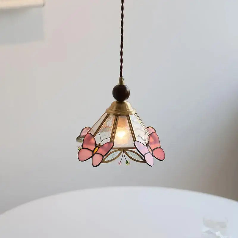 Modern butterfly pink led pendant lamp bedroom stained glass decor