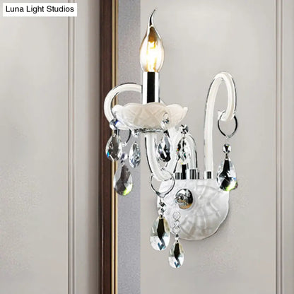 DecorBites™ Modern Candelabra Wall Sconce Light with Teardrop Crystal Decoration - White Glass - 1/2 Heads - Living Room Fixture