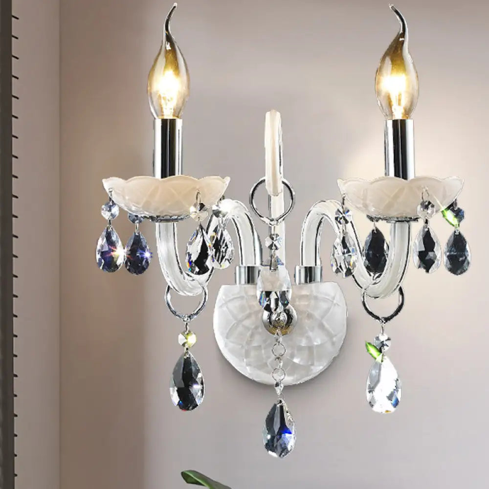 DecorBites™ Modern Candelabra Wall Sconce Light with Teardrop Crystal Decoration - White Glass - 1/2 Heads - Living Room Fixture