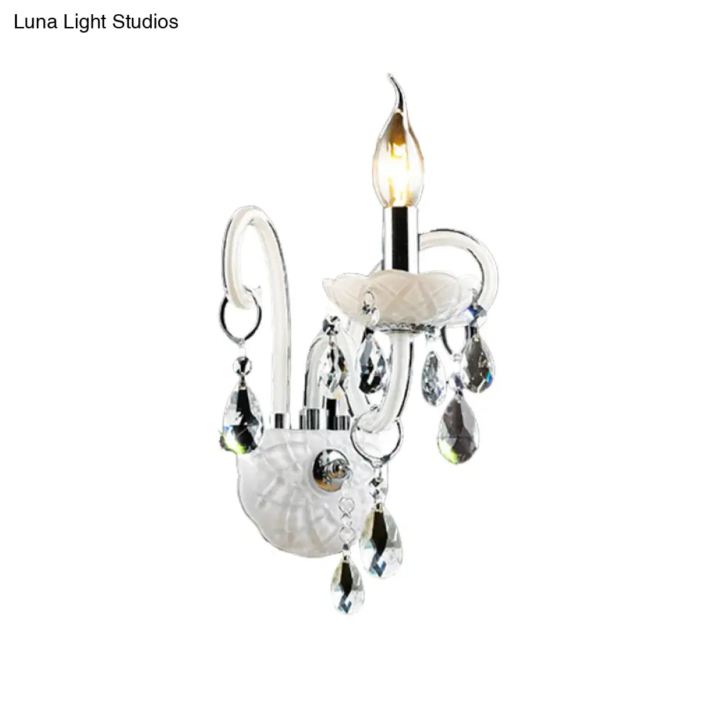 DecorBites™ Modern Candelabra Wall Sconce Light with Teardrop Crystal Decoration - White Glass - 1/2 Heads - Living Room Fixture